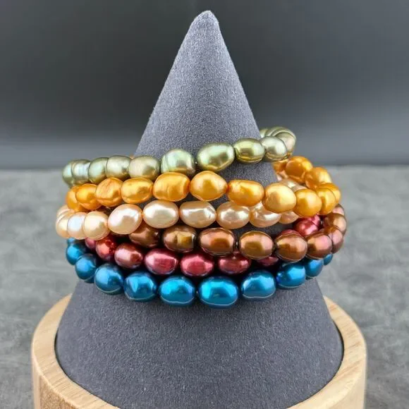 Set of Six 6 Cultured Large 0.25" Freshwater Pearls Stretch Bracelets Multicolor - Picture 4 of 11